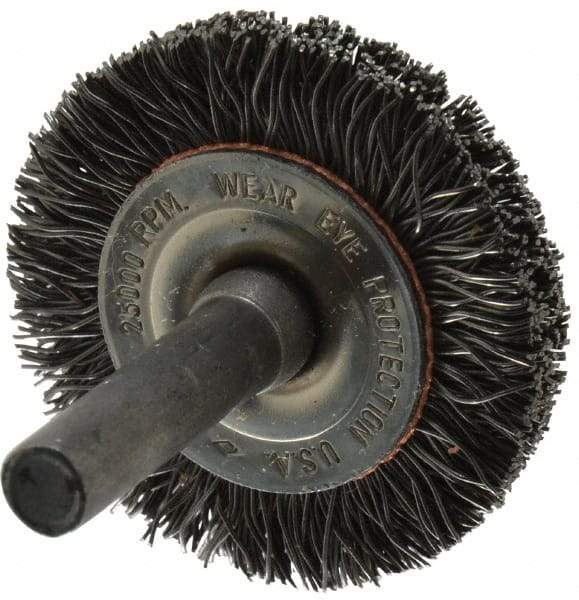 Osborn - 1-1/2" OD, 1/4" Shank Diam, Crimped Steel Wheel Brush - 3/8" Face Width, 9/32" Trim Length, 0.014" Filament Diam, 25,000 RPM - All Tool & Supply