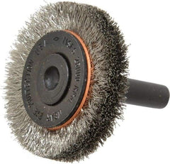 Osborn - 1-1/2" OD, 1/4" Shank Diam, Crimped Stainless Steel Wheel Brush - 3/8" Face Width, 9/32" Trim Length, 0.006" Filament Diam, 25,000 RPM - All Tool & Supply