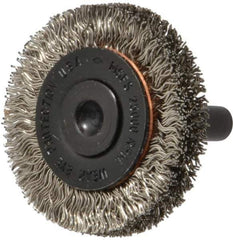 Osborn - 1-1/2" OD, 1/4" Shank Diam, Crimped Stainless Steel Wheel Brush - 3/8" Face Width, 9/32" Trim Length, 0.012" Filament Diam, 25,000 RPM - All Tool & Supply