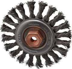 Osborn - 4" OD, 3/8-24 Arbor Hole, Knotted Steel Wheel Brush - 3/8" Face Width, 7/8" Trim Length, 0.02" Filament Diam, 20,000 RPM - All Tool & Supply