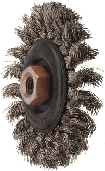 Osborn - 4" OD, 1/2-13 Arbor Hole, Knotted Stainless Steel Wheel Brush - 3/8" Face Width, 7/8" Trim Length, 0.014" Filament Diam, 20,000 RPM - All Tool & Supply