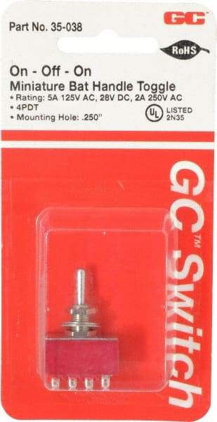 GC/Waldom - 4PDT Miniature On-Off-On Toggle Switch - Solder Lug Terminal, Bat Handle Actuator, 125 VAC at 5 A & 250 VAC at 2 A - All Tool & Supply