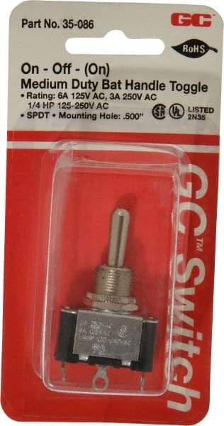 GC/Waldom - SPDT Medium Duty On-Off-On Toggle Switch - Solder Lug Terminal, Bat Handle Actuator, 1/4 hp at 125/250 VAC hp, 125 VAC at 6 A & 250 VAC at 3 A - All Tool & Supply