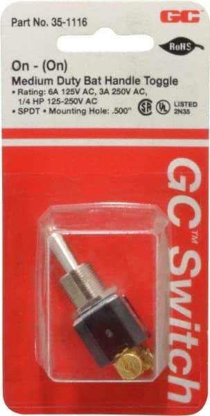 GC/Waldom - SPDT Medium Duty On-On Toggle Switch - Screw Terminal, Bat Handle Actuator, 1/4 hp at 125/250 VAC hp, 125 VAC at 6 A & 250 VAC at 3 A - All Tool & Supply