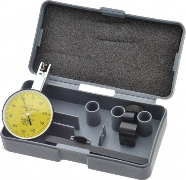 TESA Brown & Sharpe - 0.2 mm Range, 0.002 mm Dial Graduation, Horizontal Dial Test Indicator - 38 mm Yellow Dial, 0-100-0 Dial Reading, 0.002 mm - All Tool & Supply