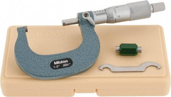 Mitutoyo - 1 to 2" Range, 0.0001" Graduation, Mechanical Outside Micrometer - Ratchet Stop Thimble, Accurate to 0.0001" - All Tool & Supply