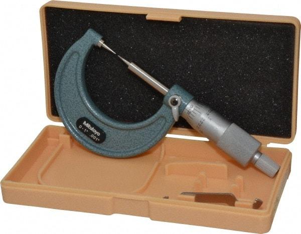 Mitutoyo - 1 Inch, 38mm Throat Depth, Ratchet Stop, Mechanical Point Micrometer - Accurate Up to 0.00015 Inch, 0.001 Inch Graduation, 0.5039 Inch Point Length, 15° Point Angle, 18mm Head Diameter, 6.35mm Spindle Diameter - All Tool & Supply