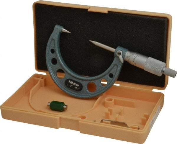 Mitutoyo - 1 to 2 Inch, 49mm Throat Depth, Ratchet Stop, Mechanical Point Micrometer - Accurate Up to 0.00015 Inch, 0.001 Inch Graduation, 0.5039 Inch Point Length, 30° Point Angle, 18mm Head Diameter, 6.35mm Spindle Diameter - All Tool & Supply