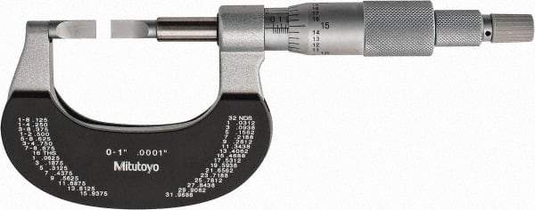 Mitutoyo - 0" to 1" Mechanical Satin Chrome Coated with Thermal Shield Blade Micrometer - 0.0002" Accuracy, 0.0001" Graduation, 0.75mm Blade Thickness, Ratchet Stop Thimble - All Tool & Supply