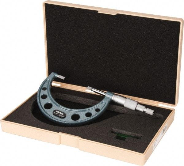 Mitutoyo - 2" to 3" Mechanical Hammertone Green Coated Blade Micrometer - 0.0002" Accuracy, 0.0001" Graduation, 0.75mm Blade Thickness, Ratchet Stop Thimble - All Tool & Supply