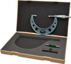 Mitutoyo - 3" to 4" Mechanical Hammertone Green Coated Blade Micrometer - 0.0002" Accuracy, 0.0001" Graduation, 0.75mm Blade Thickness, Ratchet Stop Thimble - All Tool & Supply