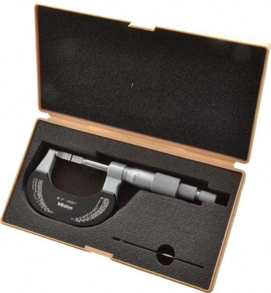 Mitutoyo - 0" to 1" Mechanical Baked Enamel Coated Blade Micrometer - 0.0002" Accuracy, 0.0001" Graduation, 0.4mm Blade Thickness, Ratchet Stop Thimble - All Tool & Supply