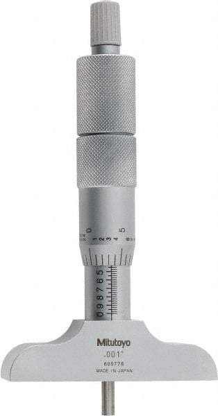 Mitutoyo - 0 to 4" Range, 4 Rod, Satin Chrome Finish Mechanical Depth Micrometer - Ratchet Stop Thimble, 2-1/2" Base Length, 0.01mm Graduation, 4mm Rod Diam - All Tool & Supply