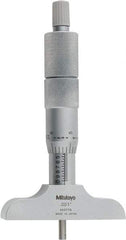 Mitutoyo - 0 to 4" Range, 4 Rod, Satin Chrome Finish Mechanical Depth Micrometer - Ratchet Stop Thimble, 2-1/2" Base Length, 0.01mm Graduation, 4mm Rod Diam - All Tool & Supply