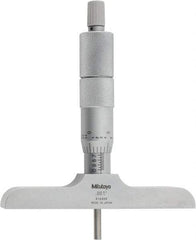 Mitutoyo - 0 to 4" Range, 4 Rod, Satin Chrome Finish Mechanical Depth Micrometer - Ratchet Stop Thimble, 4" Base Length, 0.01mm Graduation, 4mm Rod Diam - All Tool & Supply