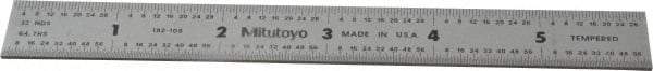 Mitutoyo - 6" Long, 1/64, 1/32" and 0.5, 1mm Graduation, Rigid Stainless Steel Rule - English/Metric Graduation Style, 3/4" Wide, Silver, Satin Chrome Finish - All Tool & Supply