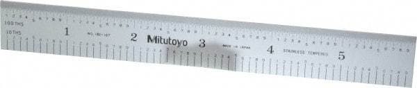 Mitutoyo - 6" Long, 1/100, 1/10" and 0.5, 1mm Graduation, Rigid Stainless Steel Rule - Decimal/Metric Graduation Style, 3/4" Wide, Silver, Satin Chrome Finish - All Tool & Supply