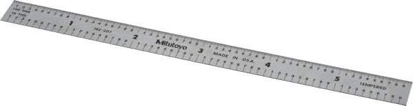 Mitutoyo - 6" Long, 1/100, 1/10" and 0.5, 1mm Graduation, Flexible Stainless Steel Rule - Decimal/Metric Graduation Style, 1/2" Wide, Silver, Satin Chrome Finish - All Tool & Supply