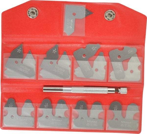 Mitutoyo - 17 Piece, 1/64 to 17/64 Inch Radius, Radius Gage Set - Satin Chrome Coated - All Tool & Supply