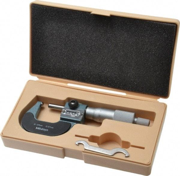 Mitutoyo - 25mm Max Measurement, 0.01mm Graduation, Spherical Face Micrometer - Accuracy Up to 3 micro m, Baked Enamel Coated, Steel Measuring Face Material, Mechanical Operation, Ratchet Stop Thimble, Ball - All Tool & Supply