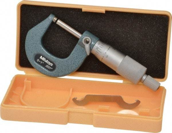 Mitutoyo - 0 to 1" Range, 0.001" Graduation, Mechanical Outside Micrometer - Ratchet Stop Thimble, Accurate to 0.0001" - All Tool & Supply