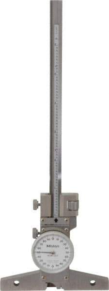 Mitutoyo - 0 to 6 Inch Range, Stainless Steel, White Dial Depth Gage - 0.001 Inch Graduation, 0.001 Inch Accuracy, 4 Inch Base Measuring Length - All Tool & Supply