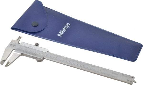 Mitutoyo - 0 to 6" Stainless Steel Vernier Caliper - 1/128" Graduation, 40mm Jaw Depth, 0.0015" Accuracy, Includes Depth Measurement Rod & Inside Diam Jaws - All Tool & Supply