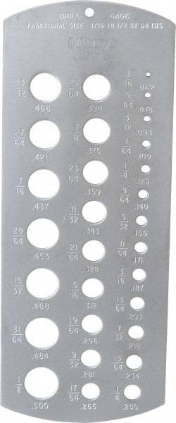 Mitutoyo - 1/16 Inch to 1/2 Inch Hole Size Drill Gage - 6-3/8 Inch Long, 2-1/2 Inch Wide, 29 Holes - All Tool & Supply