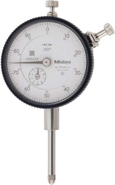 Mitutoyo - 1" Range, 0-100 Dial Reading, 0.001" Graduation Dial Drop Indicator - 2-3/16" Dial, 0.1" Range per Revolution, 0.002" Accuracy, Revolution Counter - All Tool & Supply