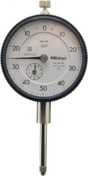 Mitutoyo - 1" Range, 0-50-0 Dial Reading, 0.001" Graduation Dial Drop Indicator - 2-1/4" Dial, 0.1" Range per Revolution, 0.002" Accuracy, Revolution Counter - All Tool & Supply