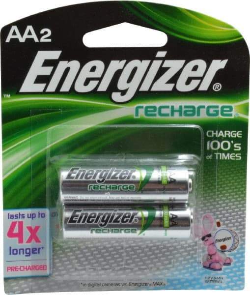 Energizer - Size AA, NiMH, 2 Pack, Standard Battery - 1.2 Volts, Flat Terminal, ANSI Regulated - All Tool & Supply