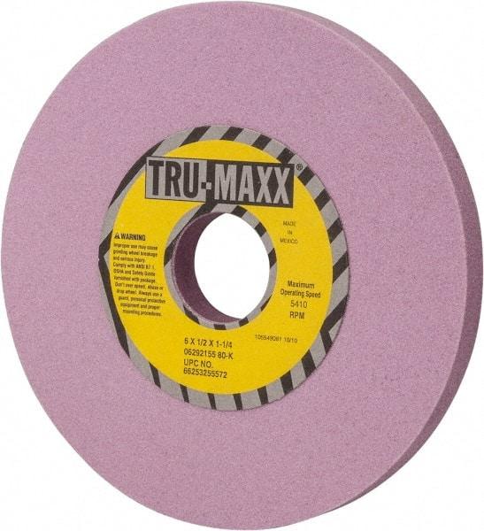 Tru-Maxx - 6" Diam x 1-1/4" Hole x 1/2" Thick, K Hardness, 80 Grit Surface Grinding Wheel - Aluminum Oxide, Type 1, Medium Grade, 5,410 Max RPM, Vitrified Bond, No Recess - All Tool & Supply