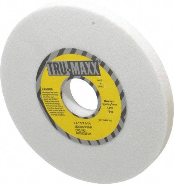 Tru-Maxx - 6" Diam x 1-1/4" Hole x 1/2" Thick, K Hardness, 60 Grit Surface Grinding Wheel - Aluminum Oxide, Type 1, Medium Grade, 5,410 Max RPM, Vitrified Bond, No Recess - All Tool & Supply