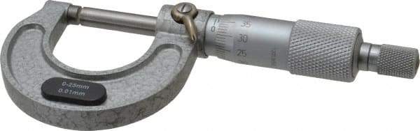 Value Collection - 0 to 25mm Range, 0.01mm Graduation, Mechanical Outside Micrometer - Ratchet Stop Thimble, Accurate to 0.004mm - All Tool & Supply