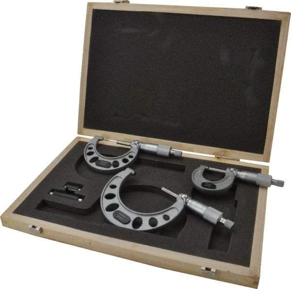 Value Collection - 0 to 75mm Range, 3 Piece Mechanical Outside Micrometer Set - 0.01mm Graduation, 0.005mm Accuracy, Ratchet Stop Thimble, Steel Face - All Tool & Supply