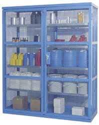 Denios - 2 Door, 8 Shelf, Blue Steel Caged Containment Shelving Safety Cabinet for Corrosive Chemicals - 87" High x 74" Wide x 28" Deep, Manual Closing Door - All Tool & Supply