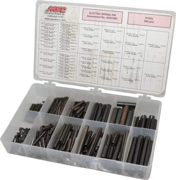 Made in USA - 500 Piece, 1/16 to 7/16" Pin Diam, Spring Pin Assortment - Steel - All Tool & Supply