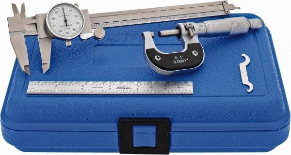 Value Collection - 3 Piece, Machinist Caliper and Micrometer Tool Kit - 0 to 1 Inch Micrometer, 0.0001 Inch Graduation - All Tool & Supply