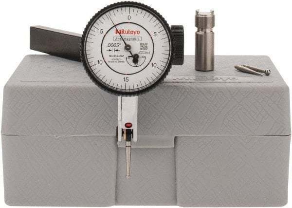 Mitutoyo - 9 Piece, 0" to 0.06" Measuring Range, 40mm Dial Diam, 0-15-0 Dial Reading, White Dial Test Indicator Kit - 0.0005" Accuracy, 0.78" Contact Point Length, 0.039, 0.079 & 0.118" Ball Diam, 0.0005" Dial Graduation - All Tool & Supply