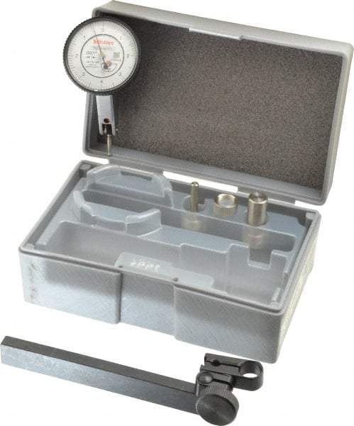 Mitutoyo - 9 Piece, 0" to 0.016" Measuring Range, 40mm Dial Diam, 0-4-0 Dial Reading, White Dial Test Indicator Kit - 0.0005" Accuracy, 0.59" Contact Point Length, 0.039, 0.079 & 0.118" Ball Diam, 0.0001" Dial Graduation - All Tool & Supply