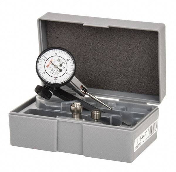 Mitutoyo - 9 Piece, 0" to 0.06" Measuring Range, 40mm Dial Diam, 0-15-0 Dial Reading, White Dial Test Indicator Kit - 0.0005" Accuracy, 1.33" Contact Point Length, 0.039, 0.079 & 0.118" Ball Diam, 0.0005" Dial Graduation - All Tool & Supply