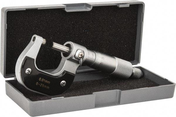 Value Collection - 0 to 25mm Range, 0.01mm Graduation, Mechanical Outside Micrometer - Ratchet Stop Thimble - All Tool & Supply