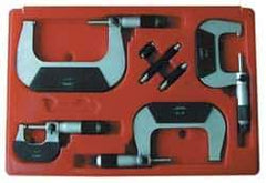 Value Collection - 0 to 75mm Range, 3 Piece Mechanical Outside Micrometer Set - 0.01mm Graduation, 0.000160, 0.000200 Accuracy, Ratchet Stop Thimble, Carbide Tipped, Forged Steel (Frame) Face - All Tool & Supply