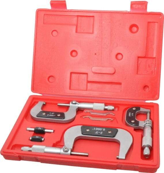 Value Collection - 0 to 3" Range, 3 Piece Mechanical Outside Micrometer Set - 0.0001" Graduation, 0.000160, 0.000200 Accuracy, Ratchet Stop Thimble, Carbide Tipped, Forged Steel (Frame) Face - All Tool & Supply