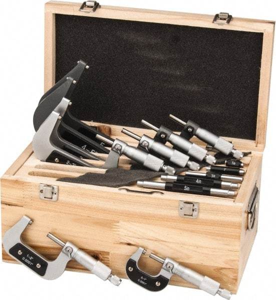 Value Collection - 0 to 6" Range, 6 Piece Mechanical Outside Micrometer Set - 0.0001" Graduation, 0.000160, 0.000200, 0.000240 Accuracy, Ratchet Stop Thimble, Carbide Tipped, Forged Steel (Frame) Face - All Tool & Supply