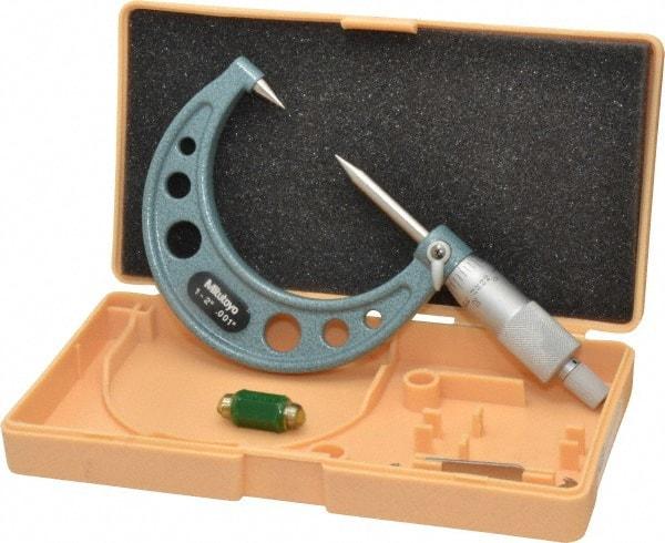 Mitutoyo - 1 to 2 Inch, 49mm Throat Depth, Ratchet Stop, Mechanical Point Micrometer - Accurate Up to 0.00015 Inch, 0.001 Inch Graduation, 0.5039 Inch Point Length, 30° Point Angle, 18mm Head Diameter, 6.35mm Spindle Diameter - All Tool & Supply