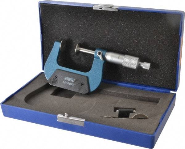 Fowler - 1 to 2 Inch, 0.001 Inch Graduation, Ratchet Stop Thimble, Mechanical Disc Micrometer - 0.00016 Inch Accuracy, 0.787 Inch Disc, 0.256 Inch Spindle - All Tool & Supply