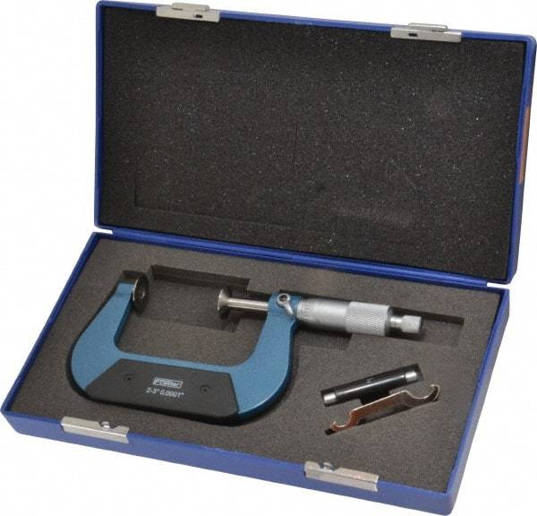 Fowler - 2 to 3 Inch, 0.001 Inch Graduation, Ratchet Stop Thimble, Mechanical Disc Micrometer - 0.00024 Inch Accuracy, 0.787 Inch Disc, 0.256 Inch Spindle - All Tool & Supply