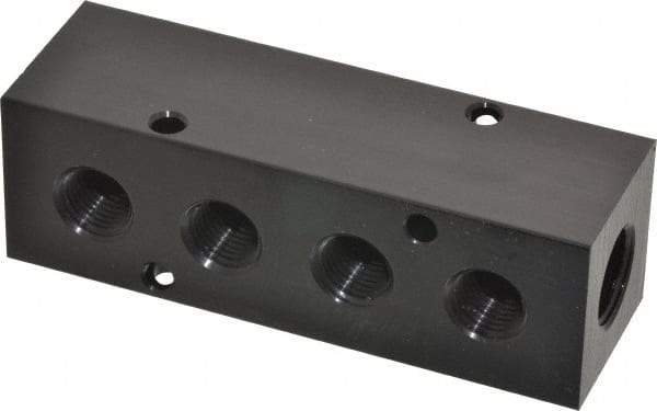 Made in USA - 3/8" Inlet, 1/4" Outlet Manifold - 4.12" Long x 1-1/4" Wide x 1-1/4" High, 0.2" Mount Hole, 2 Inlet Ports, 4 Outlet Ports - All Tool & Supply