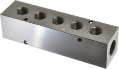 Made in USA - 1/2" Inlet, 3/8" Outlet Manifold - 5-3/4" Long x 1-1/2" Wide x 1-1/2" High, 0.2" Mount Hole, 2 Inlet Ports, 5 Outlet Ports - All Tool & Supply